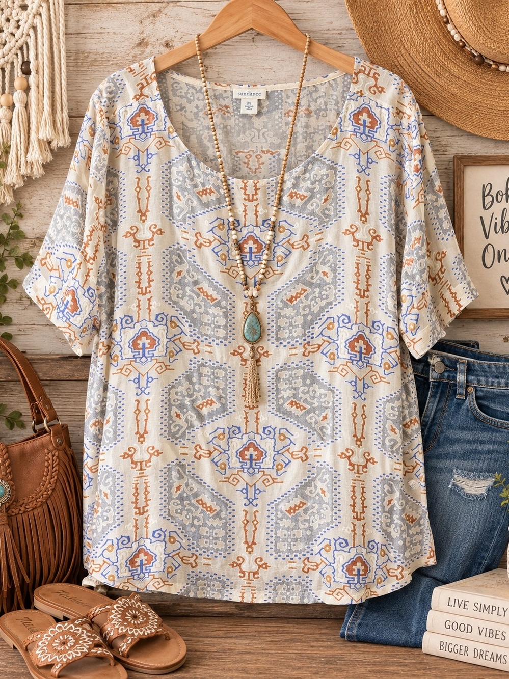 Sundance Boho Geometric Print Tunic Top – Size M
